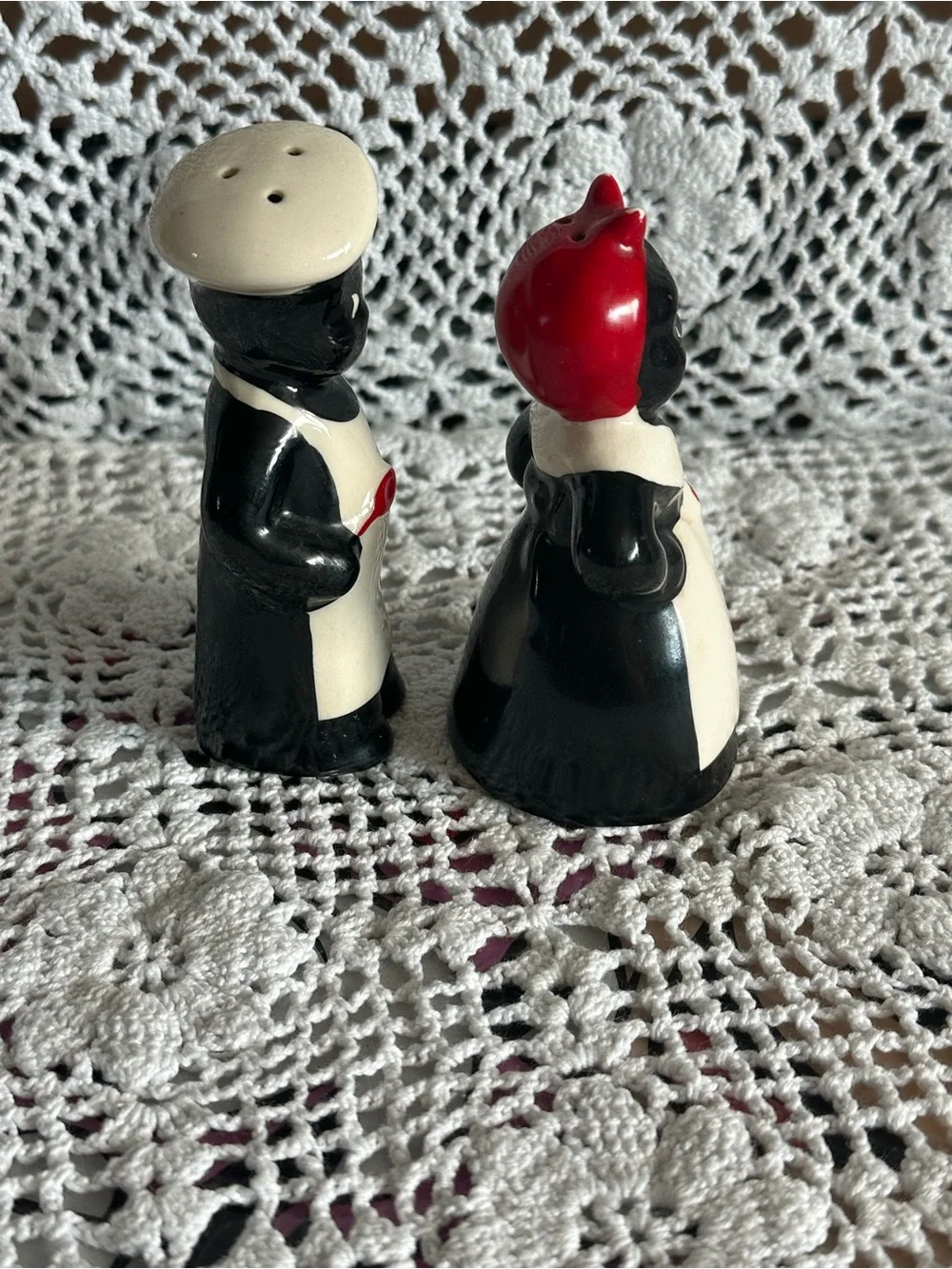 F&F Black & White Ceramic Salt and Pepper Shaker Set with Red Accents